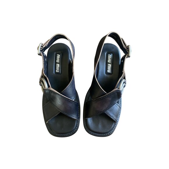 Miu Miu Leather Bleached Sandals Black Excellent Condition Size 38 1/2 - Picture 1 of 9